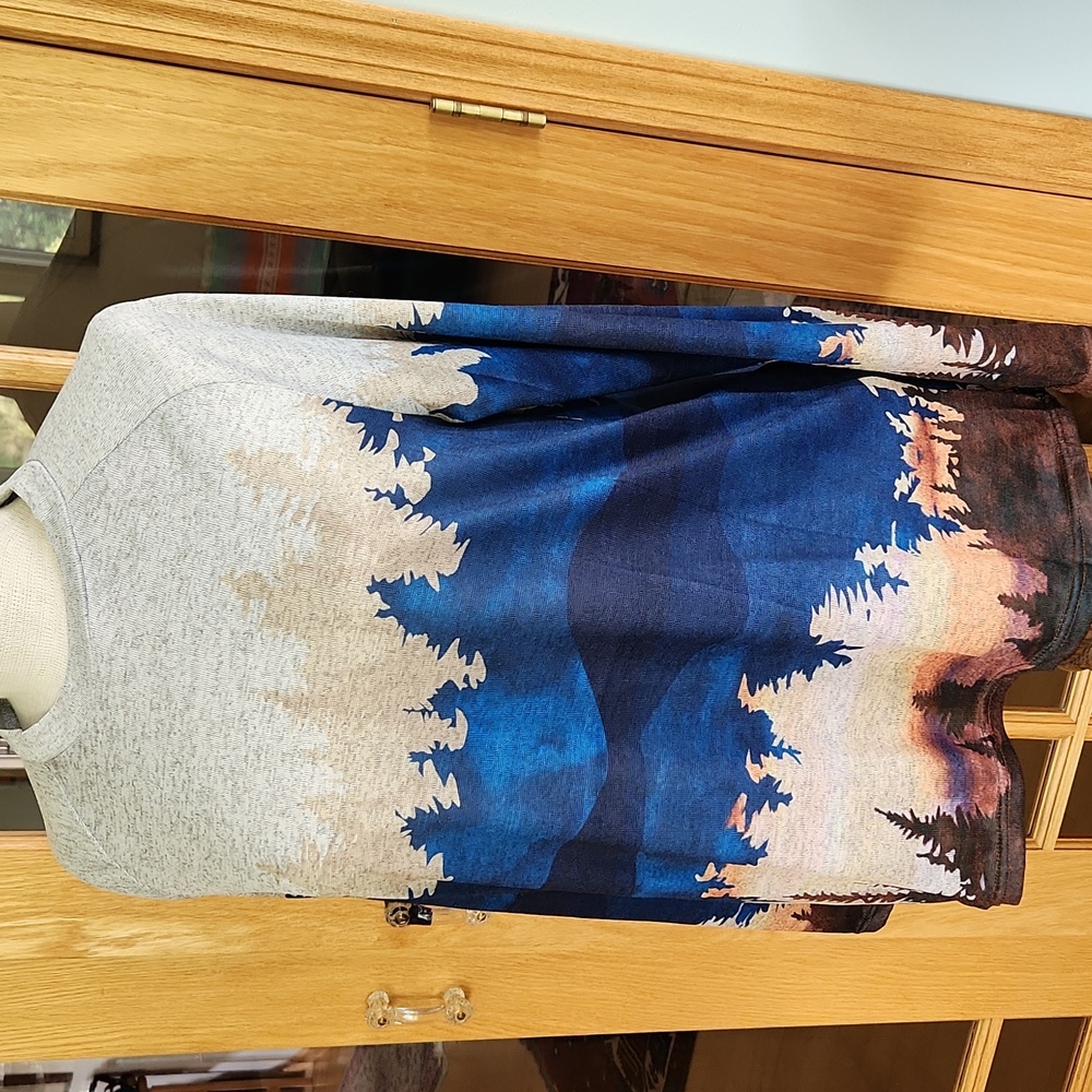 Women's Scenic Print Long Sleeve Shirt - Gray and Blue. Tranquil Scene